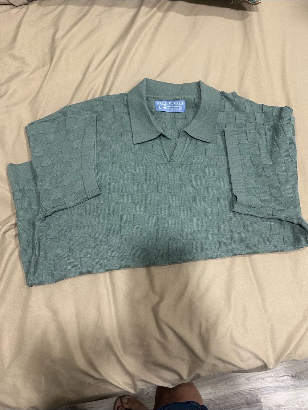 Free Planet Men's Sage Green Checker Knit Polo
